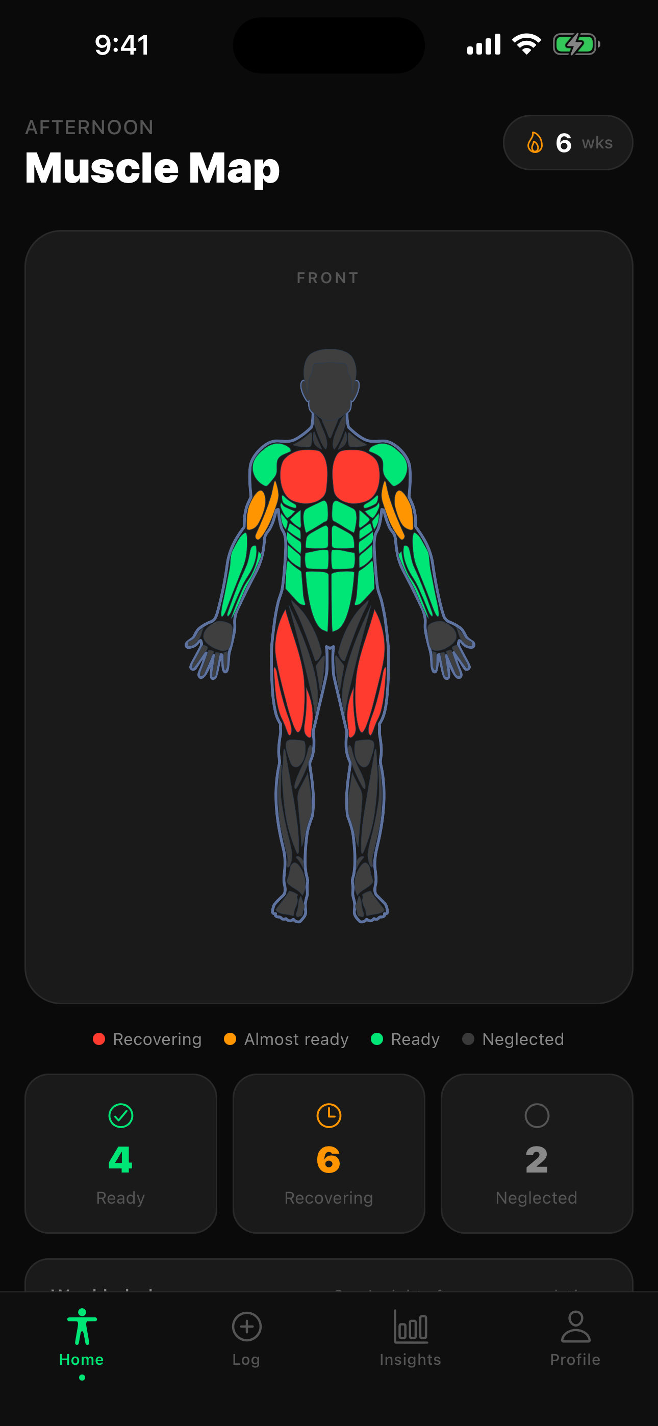 MuscleReady app — Home screen with the recovery muscle map