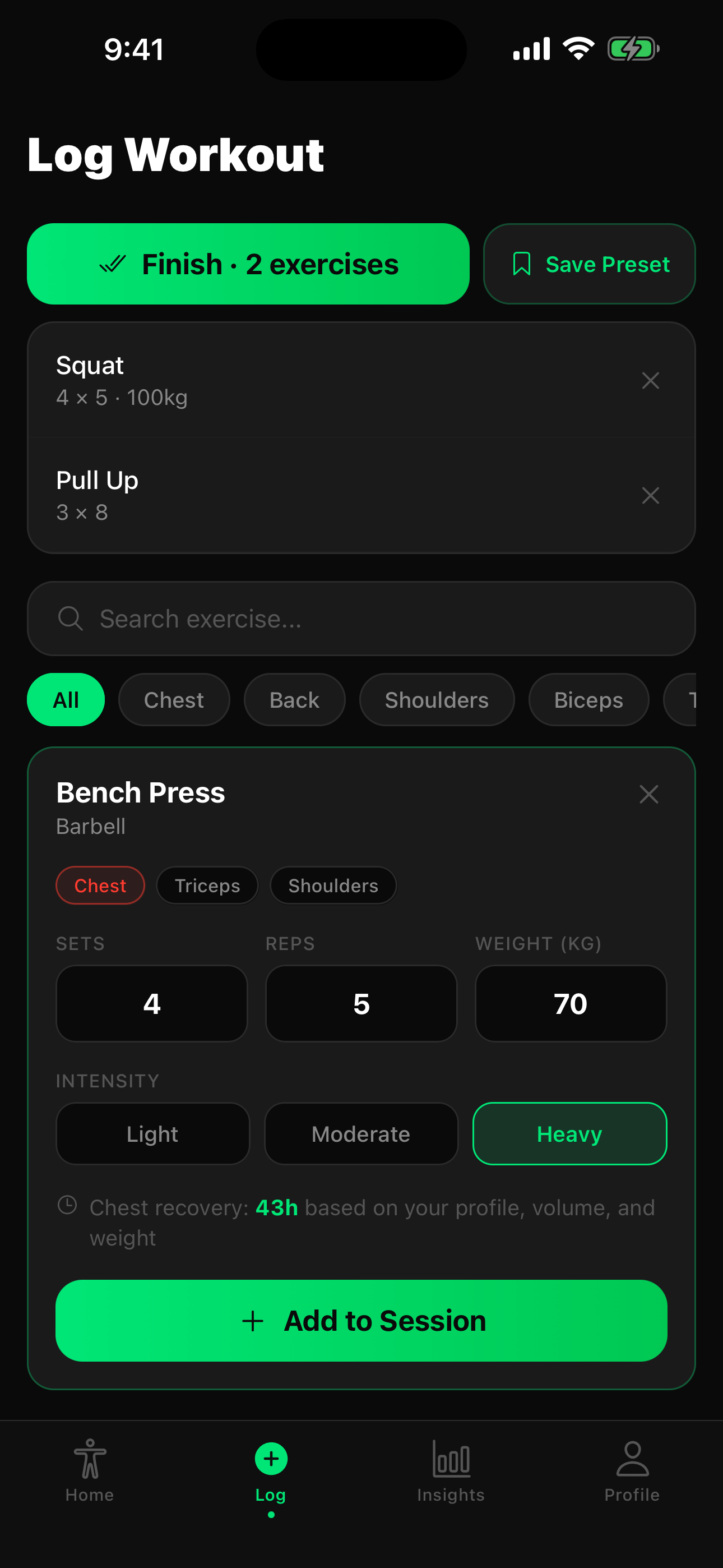 MuscleReady app — Log Workout screen with exercise entry