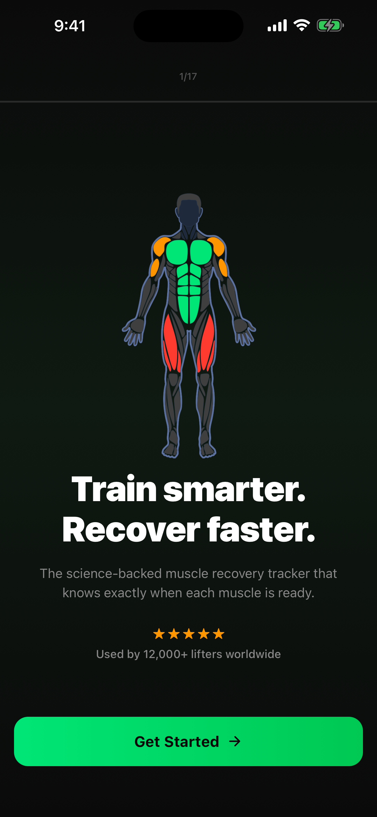 MuscleReady app — onboarding body map with mixed recovery states