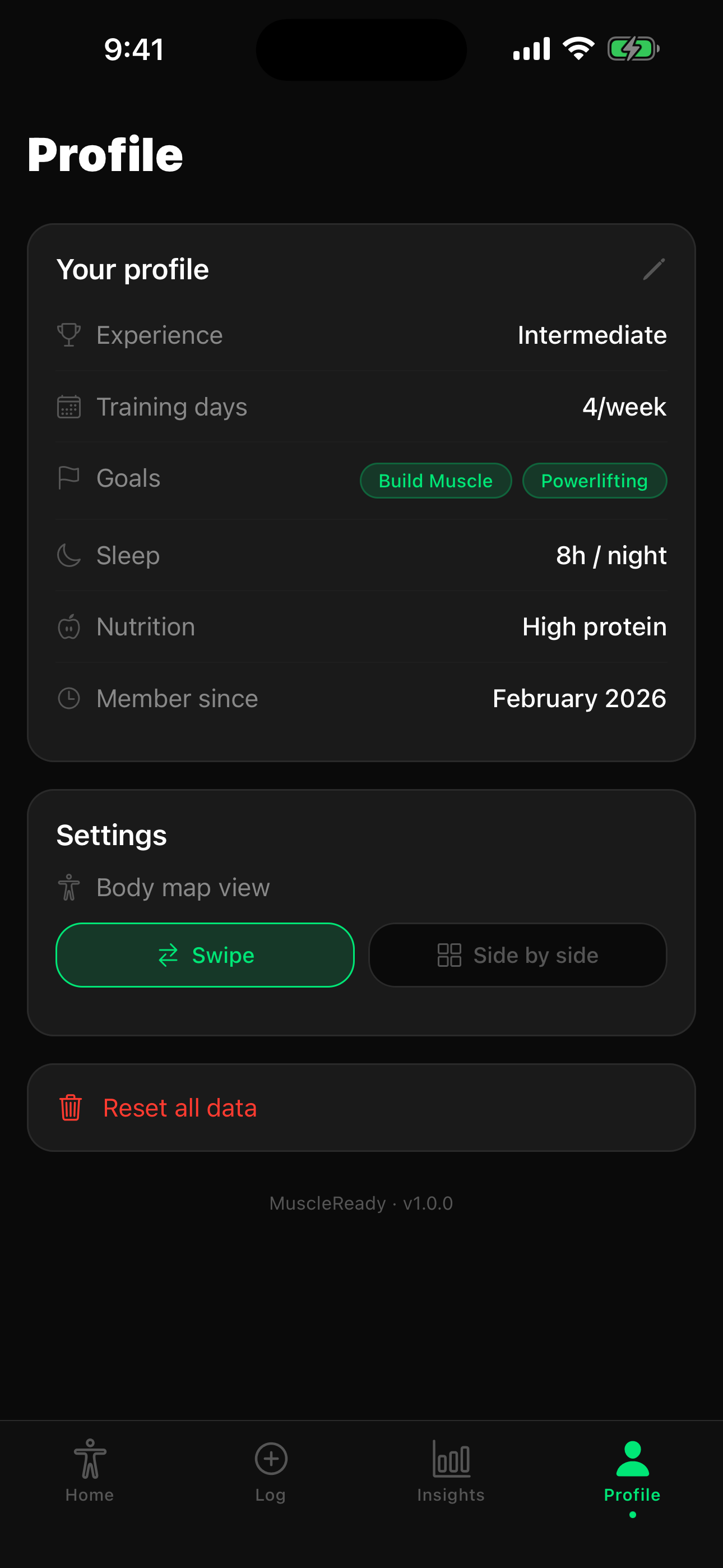 MuscleReady app — Profile screen with personal recovery factors